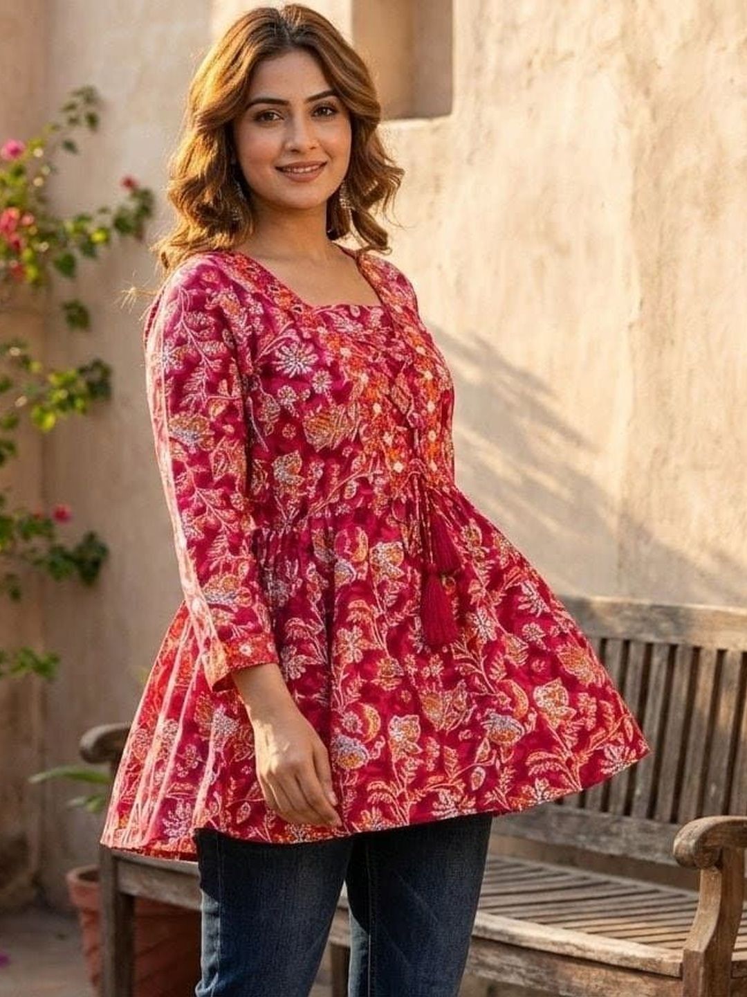 Colorvibes Ethnic Motifs Printed Square Neck Thread Work Thread Work Pleated Anarkali Kurti-picture-29