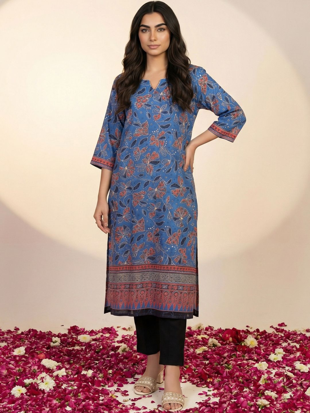 Women's Cotton Straight Fit Straight Solid Regular Floral Printed Kurta