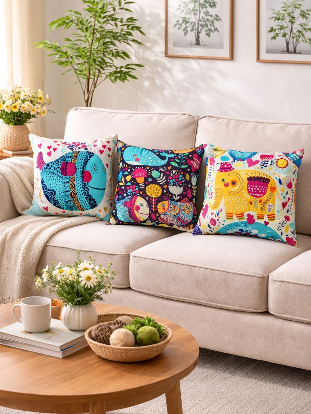 SWAYAM Multicoloured Set of 3 Square Cushion Covers-image-23