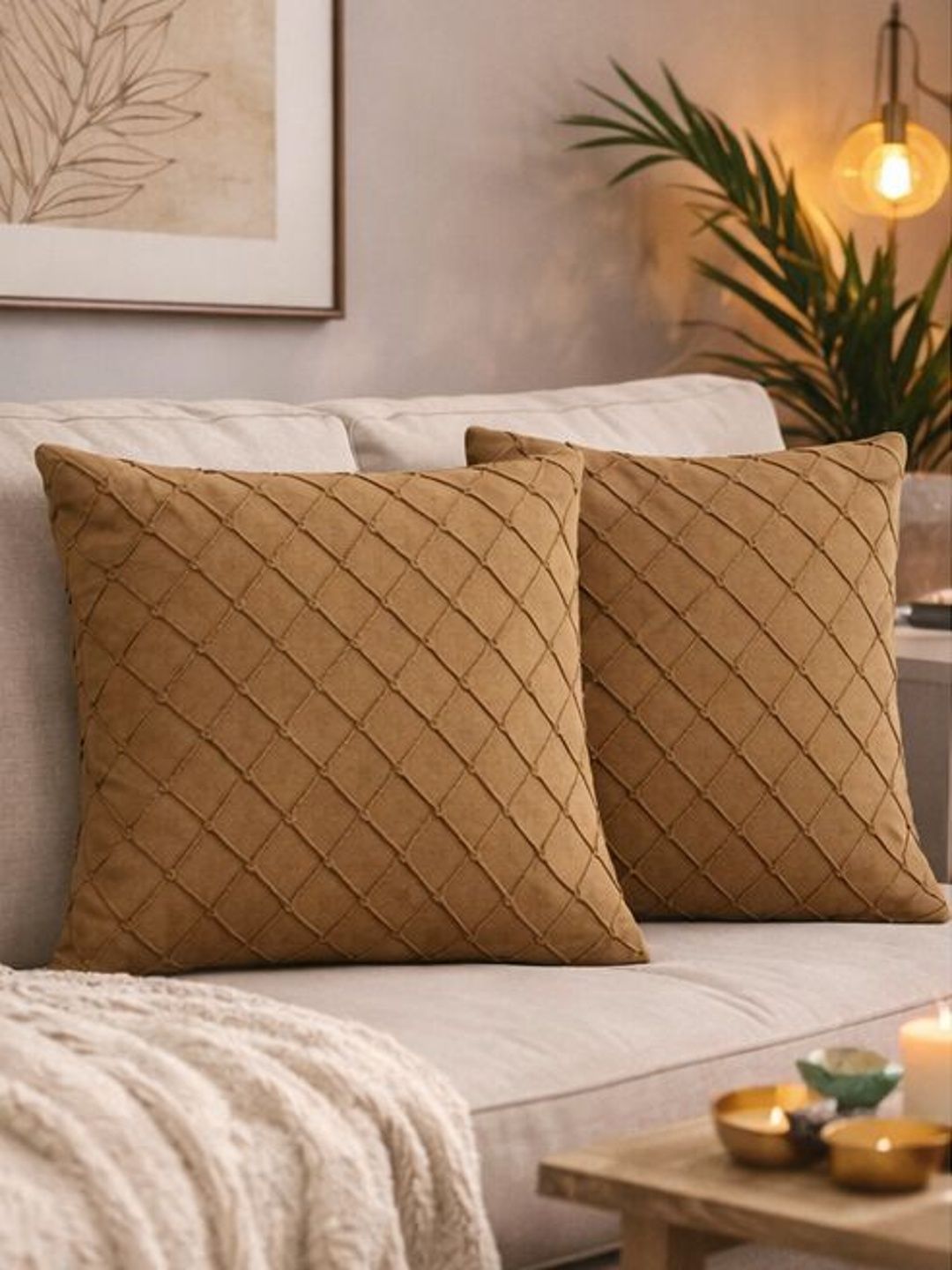 SWAYAM Camel Brown Set of 2 Velvet Square Cushion Covers-picture-58