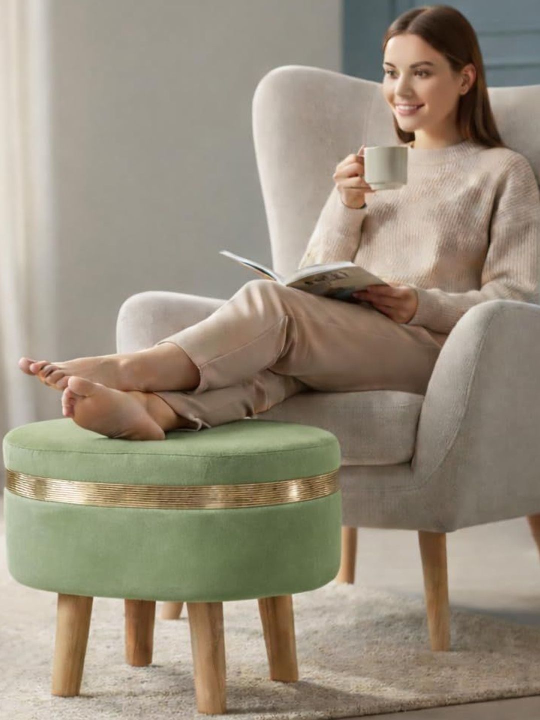 Shadowkart Green Round Wood Ottomans-picture-18