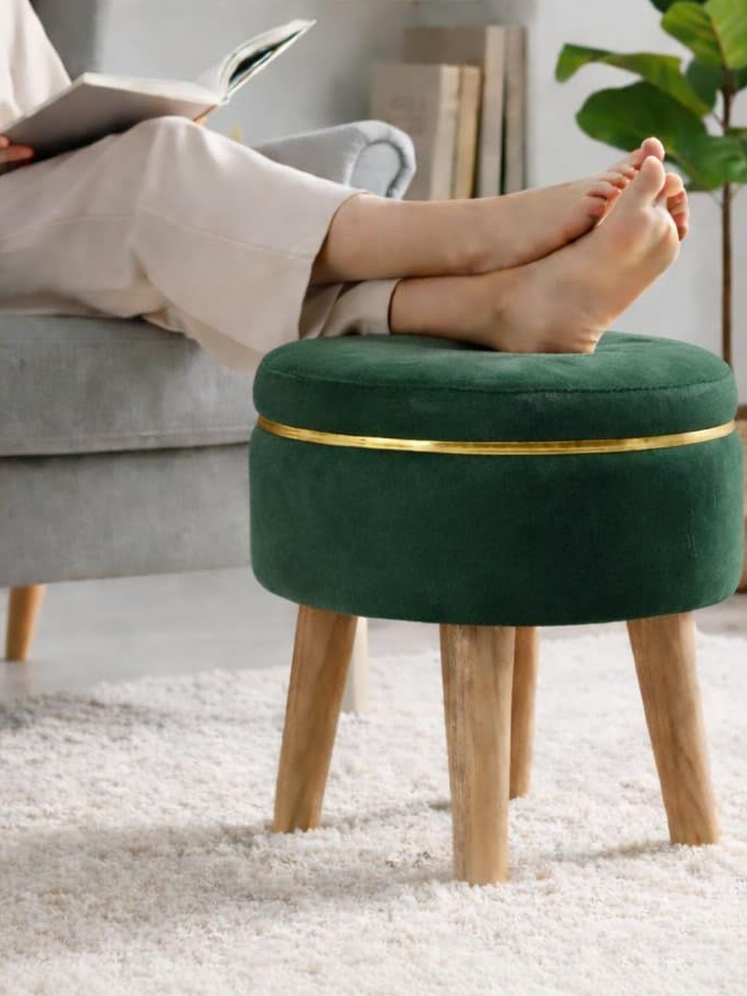 Shadowkart Green Round Wood Ottomans-picture-8