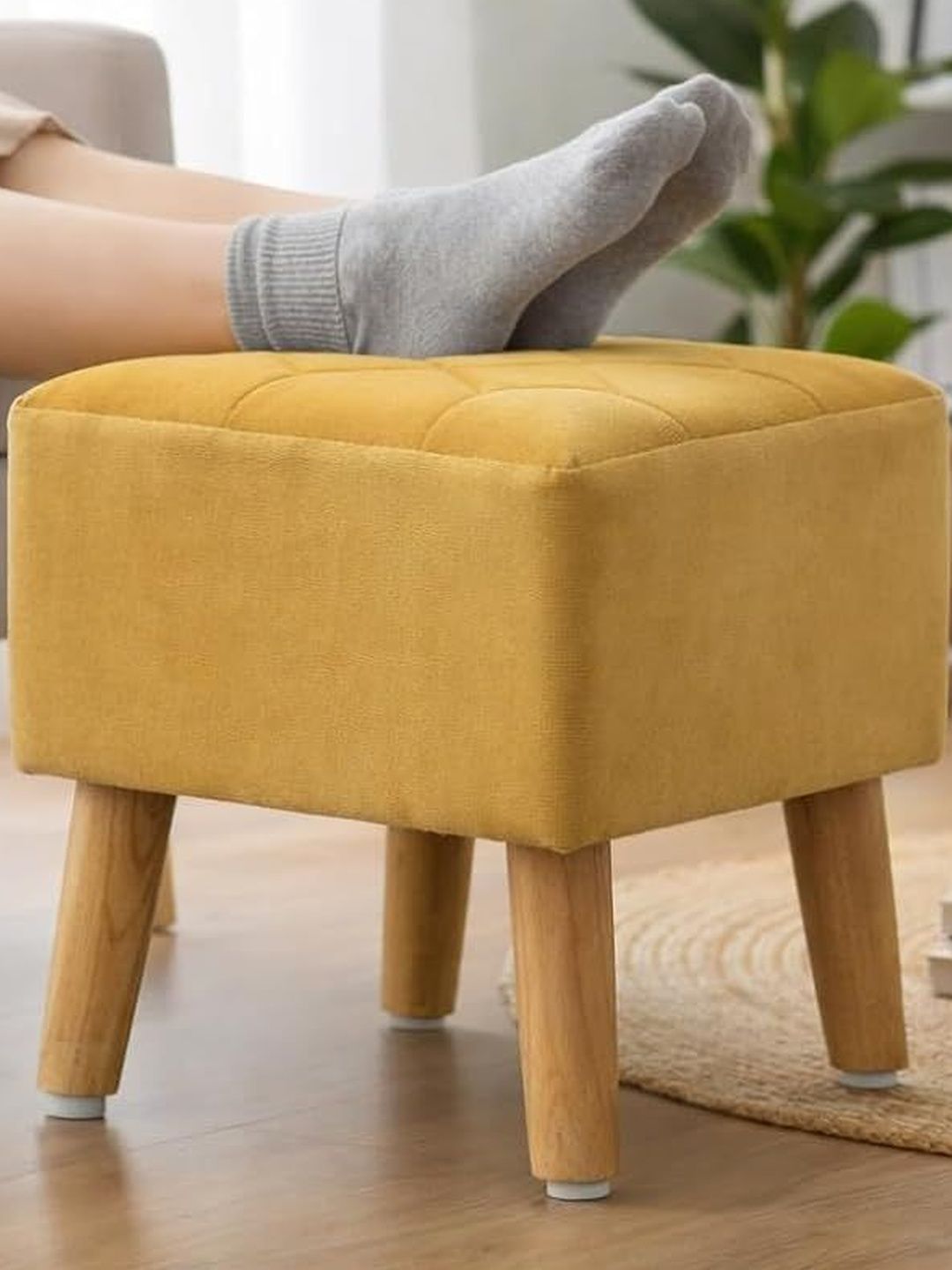 Shadowkart Yellow Wooden & Velvet Square Ottoman-picture-34