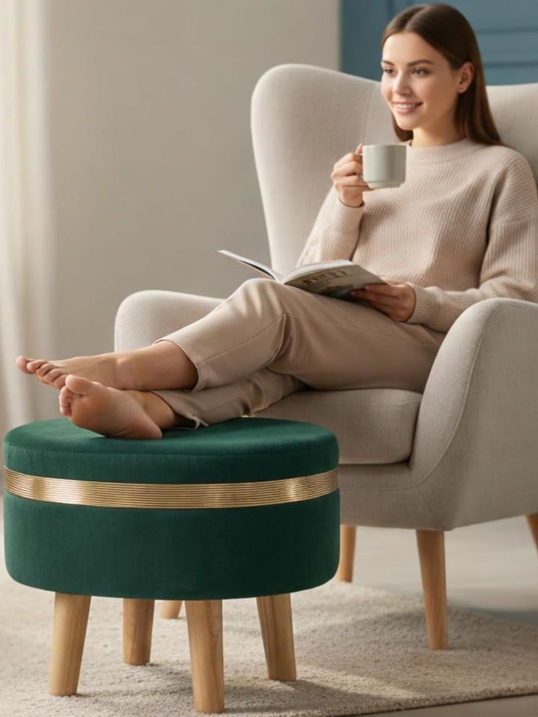 Shadowkart Green Round Wood Ottomans-picture-21