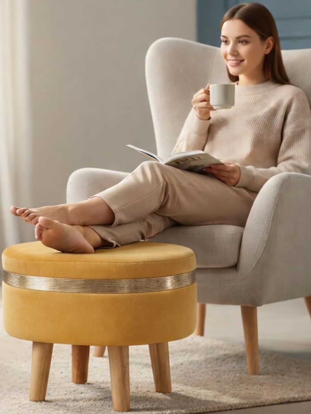 Shadowkart Yellow Round Wood Ottomans-picture-15
