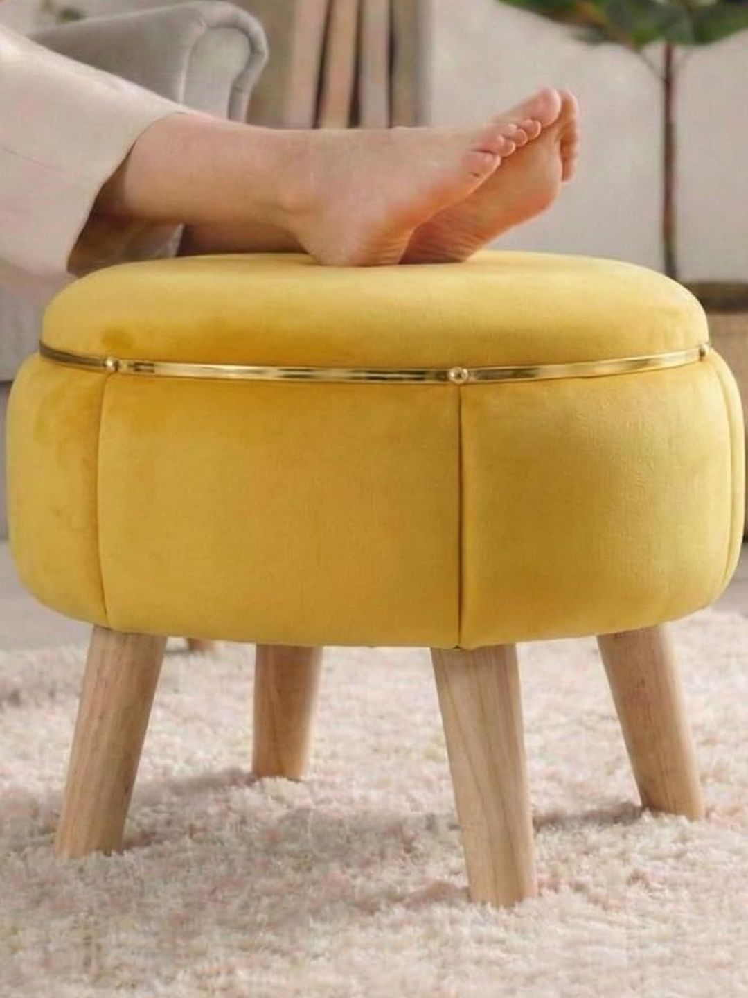 Shadowkart Yellow Round Wood Ottomans-picture-40