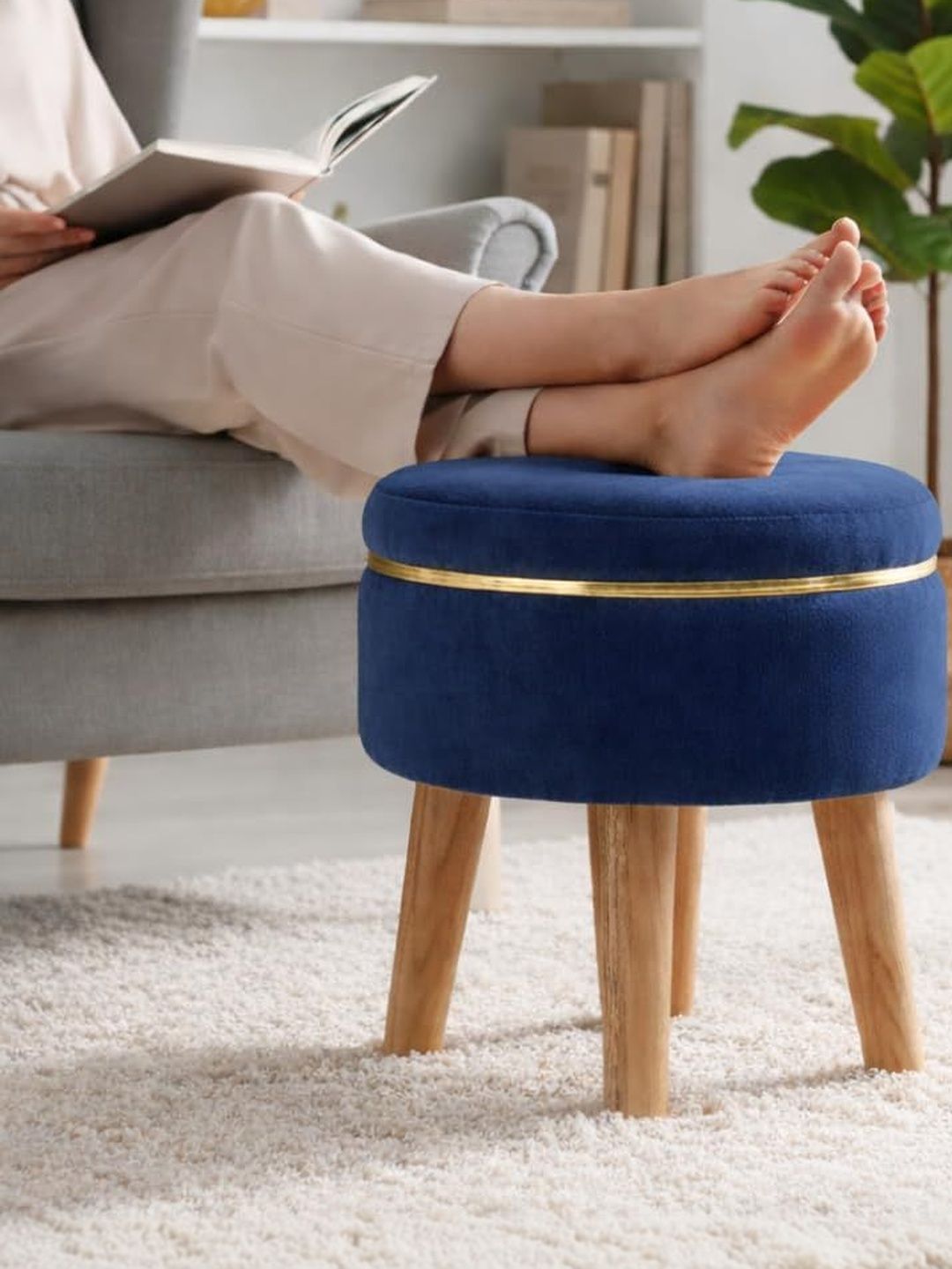Shadowkart Blue Round Wood Ottomans-picture-22