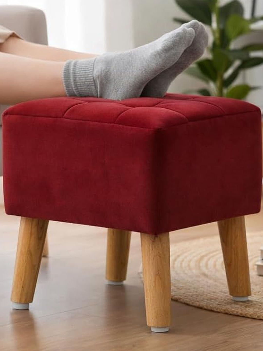 Shadowkart Maroon Wooden & Velvet Square Ottoman-image-27