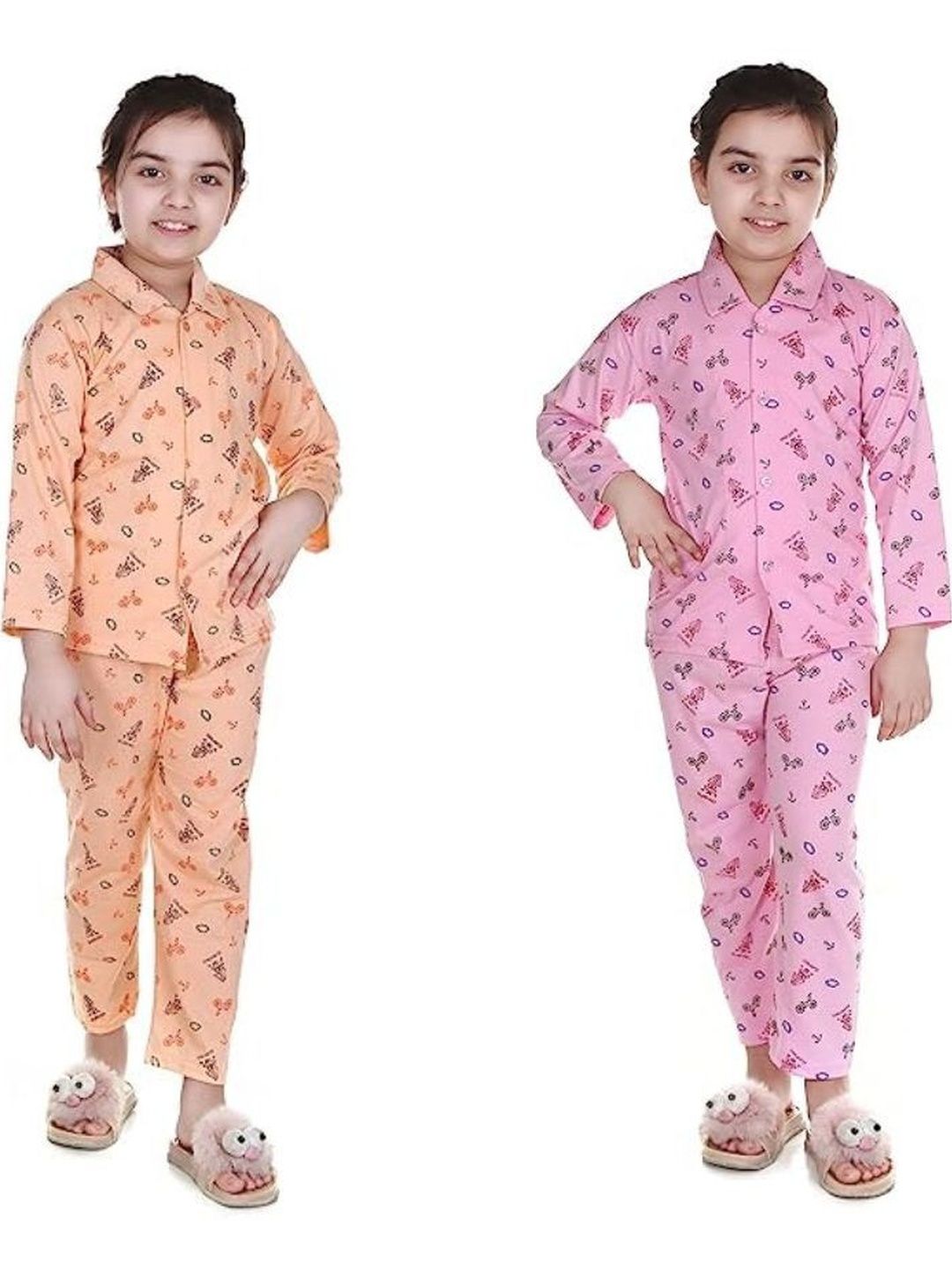CHICLIFT Unisex Kids Set Of 2 Conversational Printed Shirt Collar Nightdress-image-38