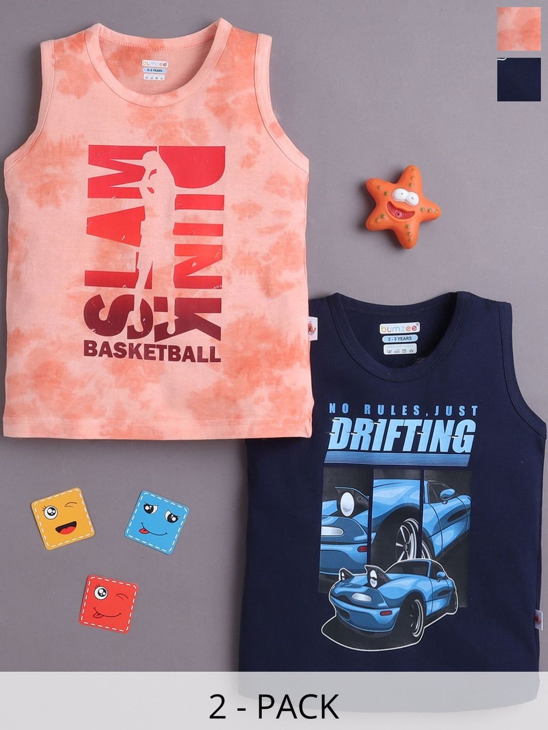 BUMZEE Peach Navy Boys Sleeveless Cotton Pack Of 2 Age 7-8 Years Tshirts-picture-55