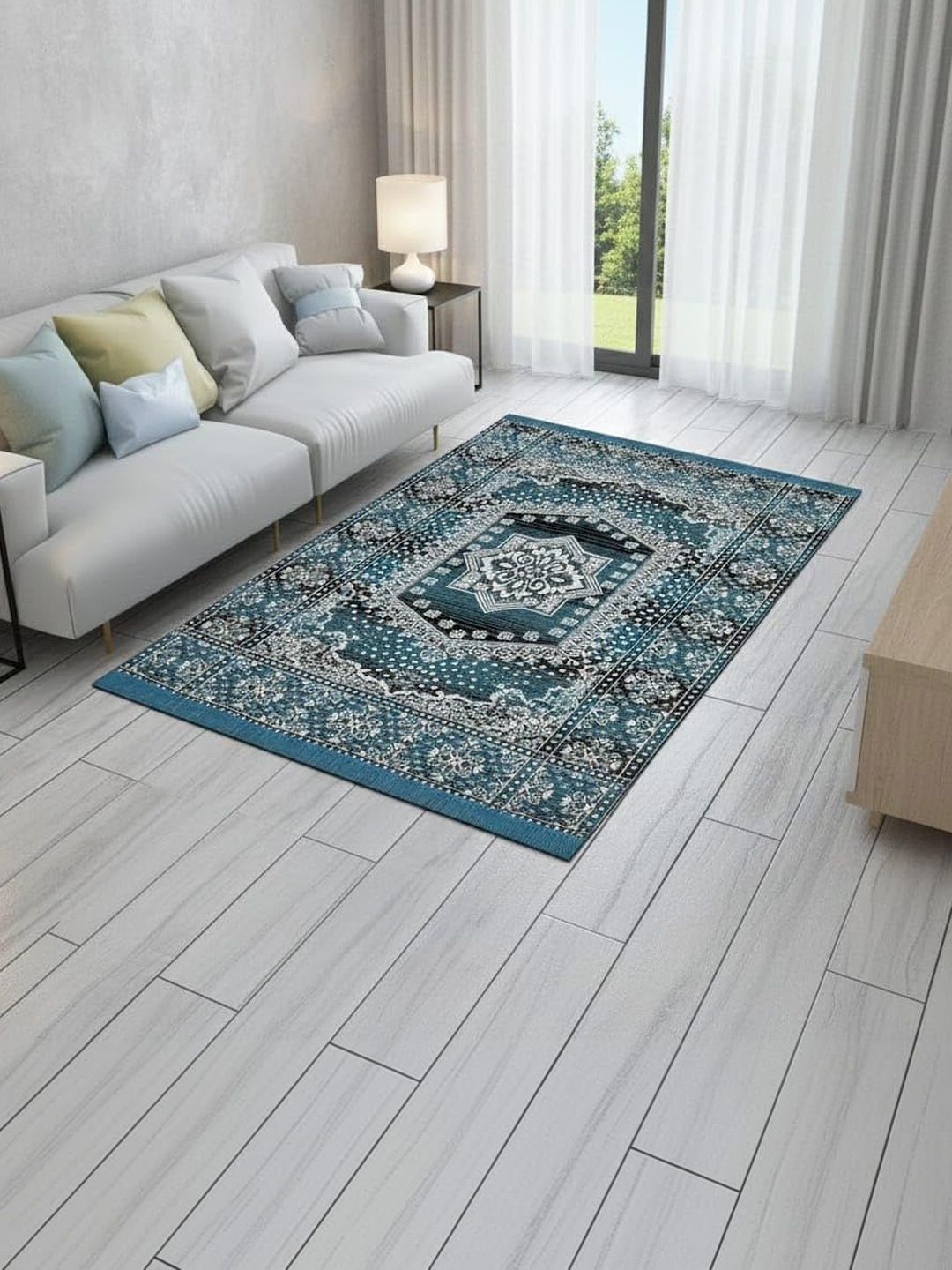 Furnishing Hut Turquoise Blue Floral Cotton Carpet-picture-12