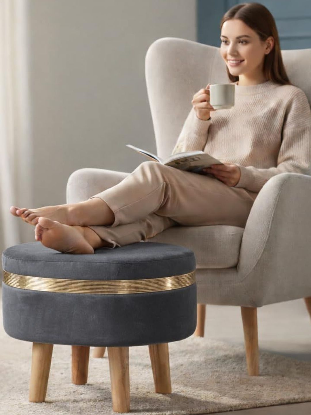 Shadowkart Grey Round Wood Ottomans-picture-20