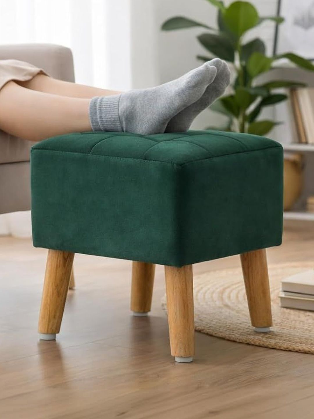 SHADOWKART Green Wooden & Velvet Square Ottoman-picture-22