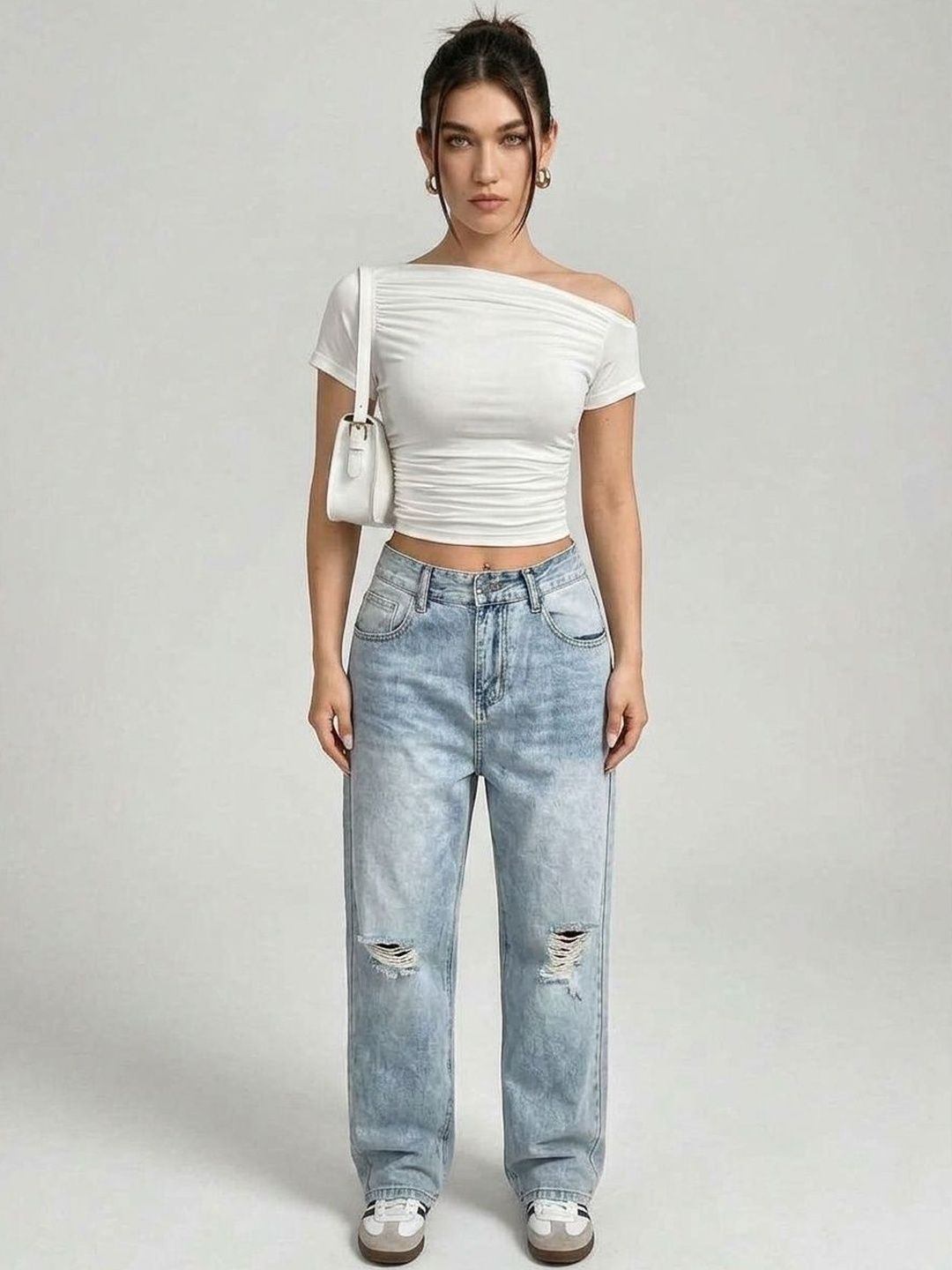 Istyle Can Women White Korean Asymmetrical Ruched Crop Tops view 1