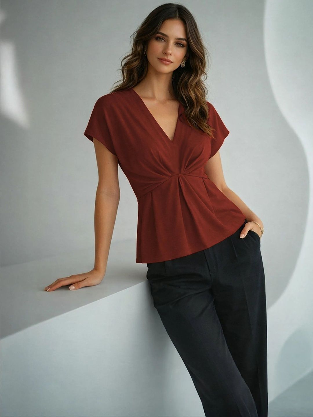 COVE AND LANE Crepe Pleated - Brick Red Tops-image-3