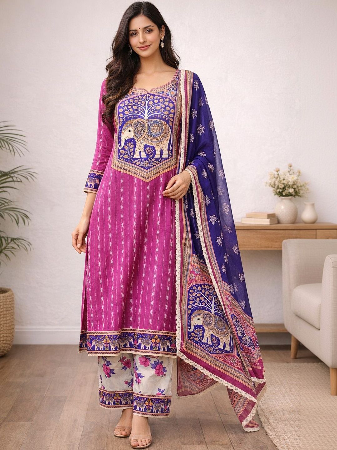 Anouk Women Ethnic Motifs Regular Patchwork Pure Cotton Kurta with Palazzos & With Dupatta-image-4
