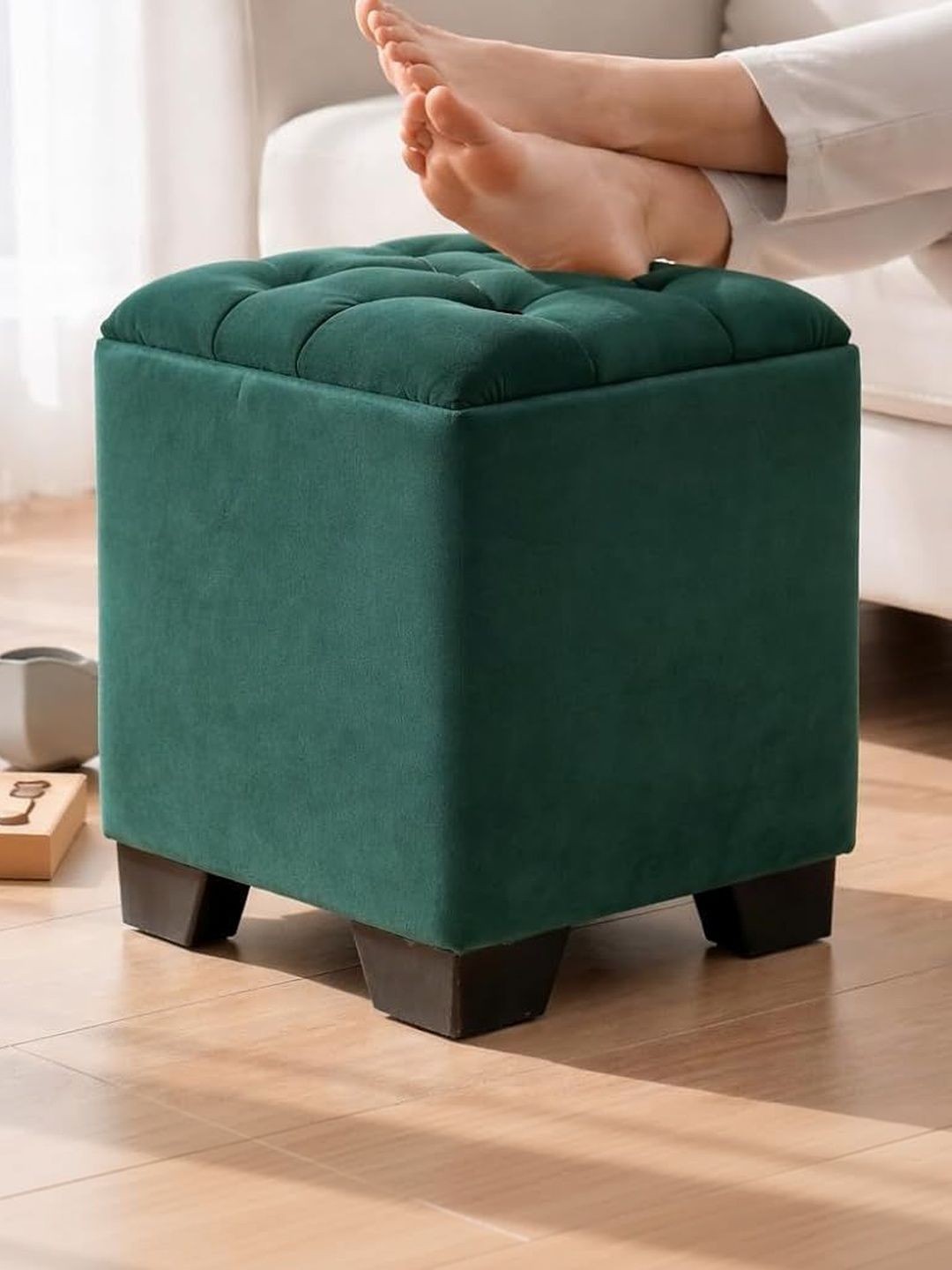 Shadowkart Teal-Green Square Wooden Ottomans-picture-2