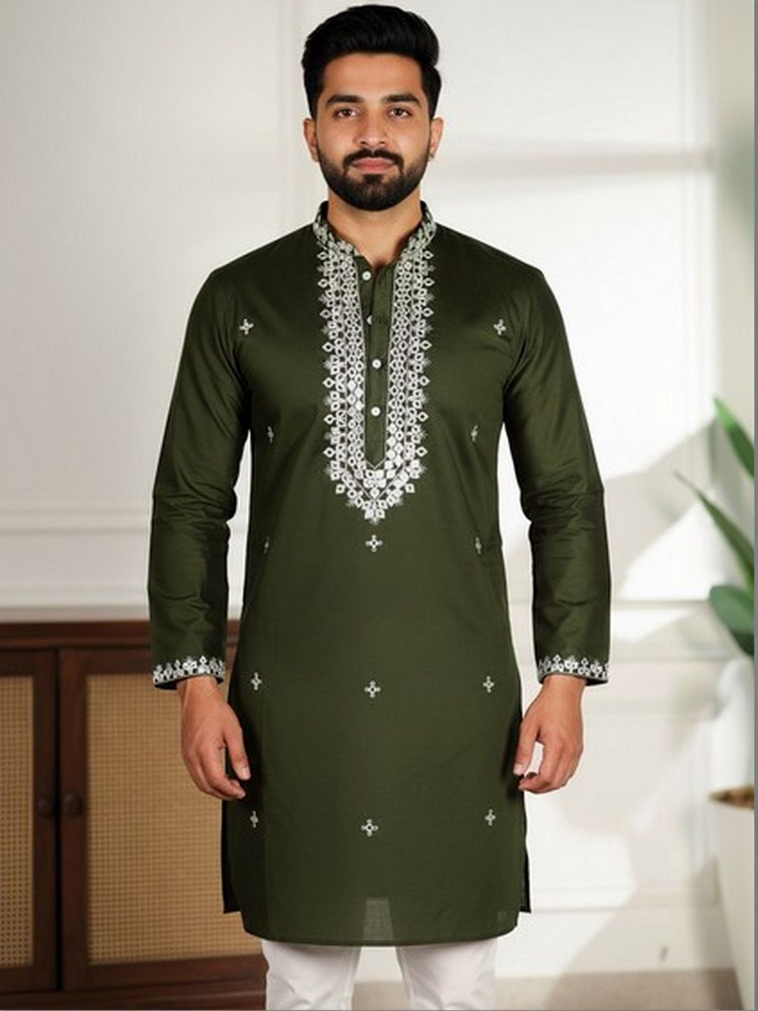 HERE&NOW Men Ethnic Motifs Embroidered Regular Thread Work Pure Cotton Kurta with Pyjamas-picture-13