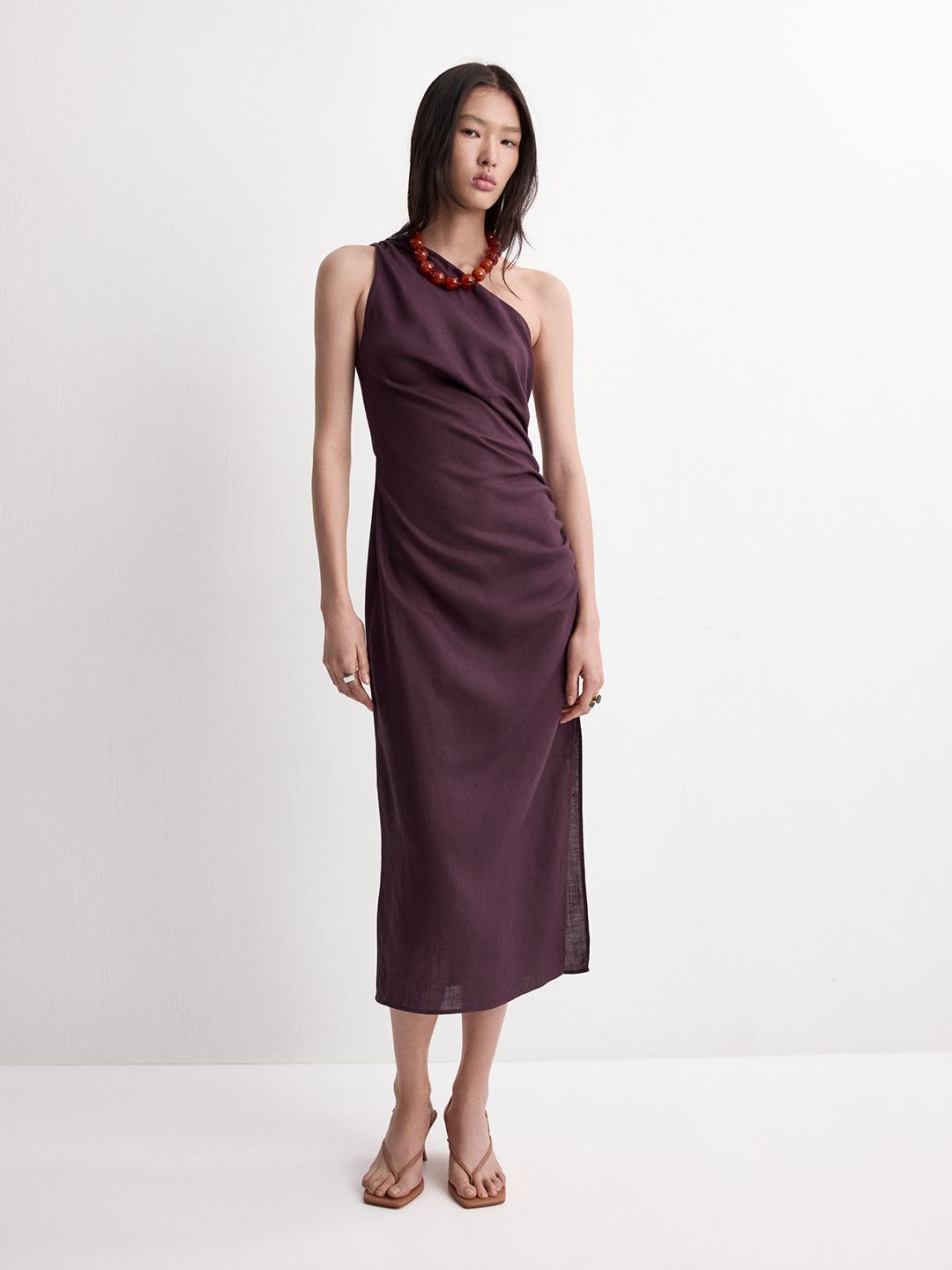 MANGO NATY One Shoulder Ruched Midi Dress-picture-38