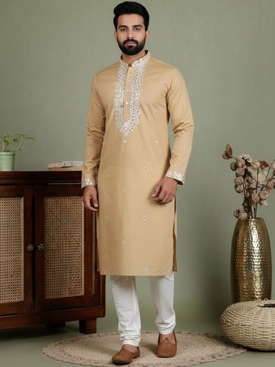 HERE&NOW Men Ethnic Motifs Embroidered Regular Mirror Work Pure Cotton Kurta with Churidar-picture-16