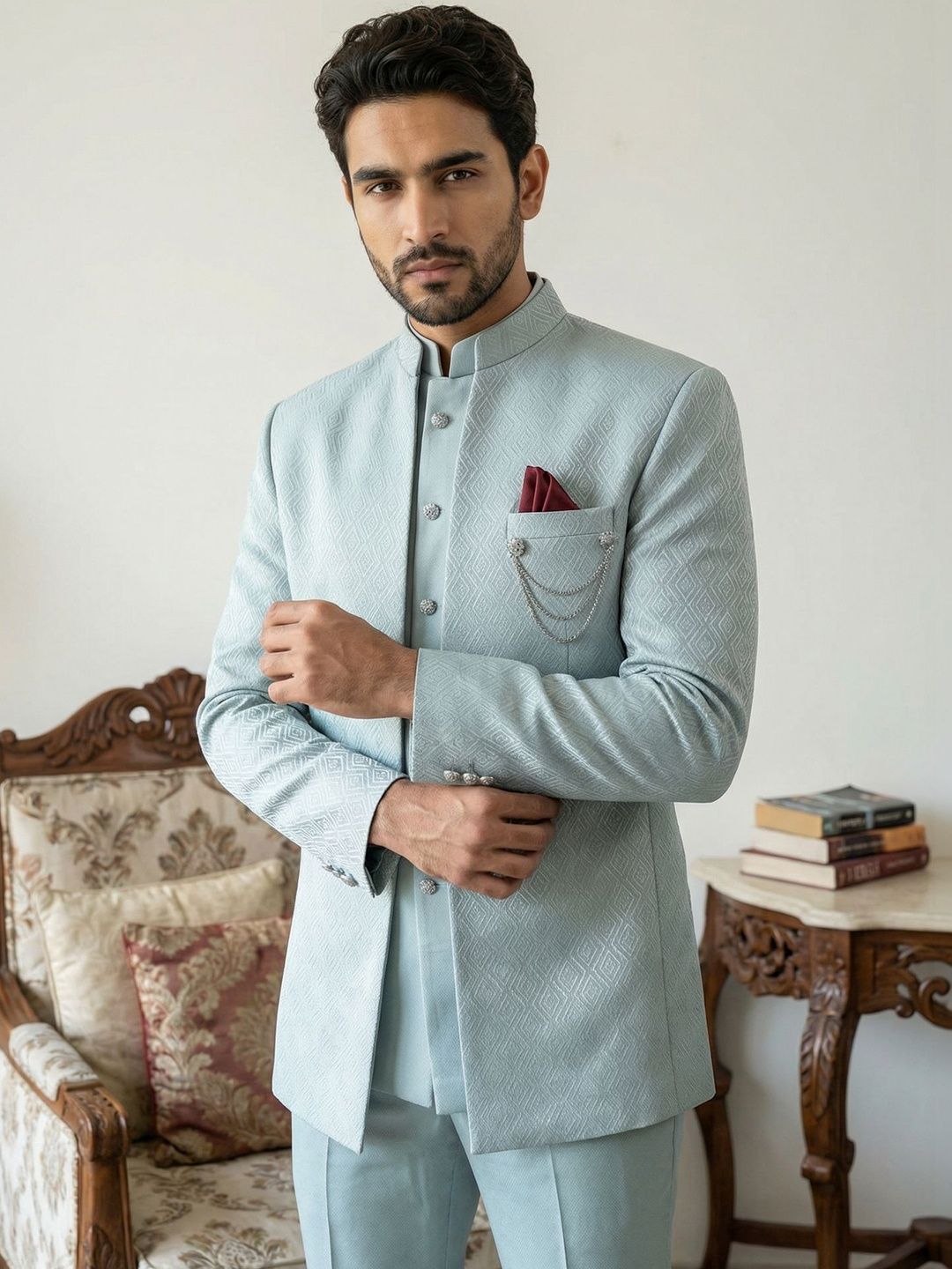 Jompers Textured Mandarin Collar Sherwani-picture-34