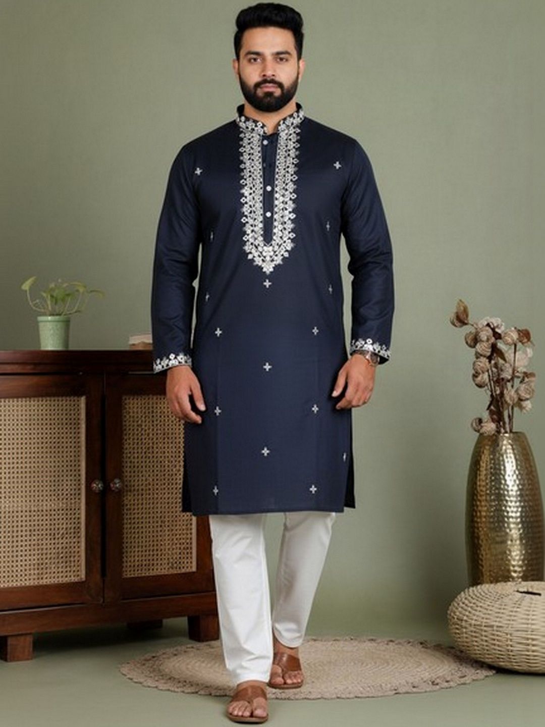 HERE&NOW Men Ethnic Motifs Embroidered Regular Thread Work Pure Cotton Kurta with Pyjamas-picture-57