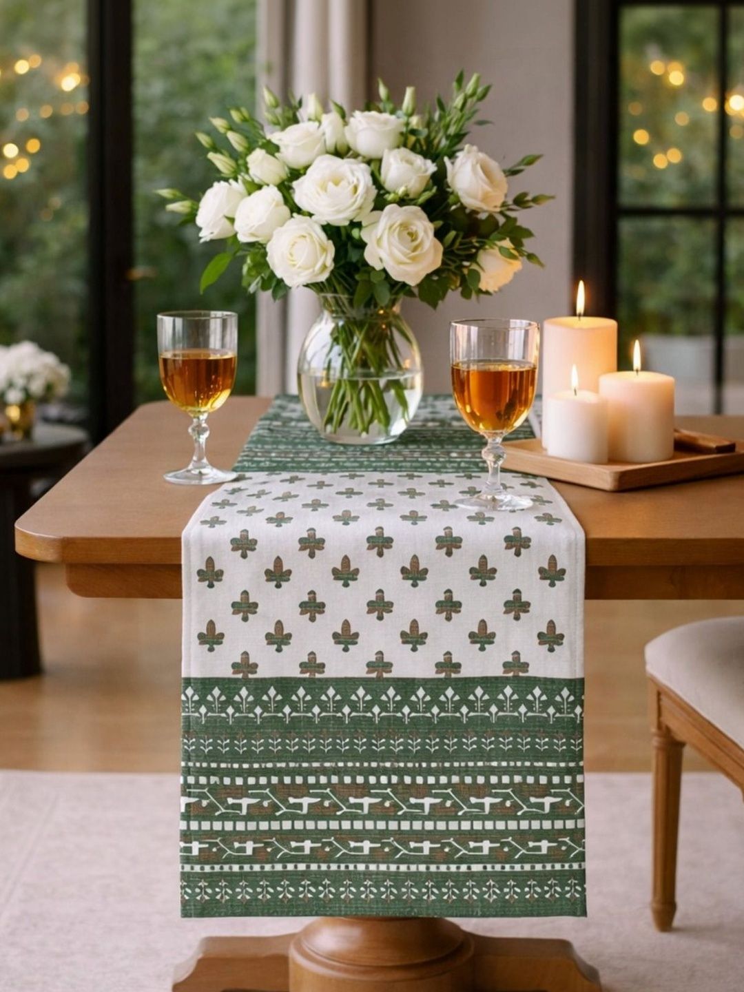 YELLOW MUSLIN Green & White Abstract Printed Cotton Table Runners-picture-24