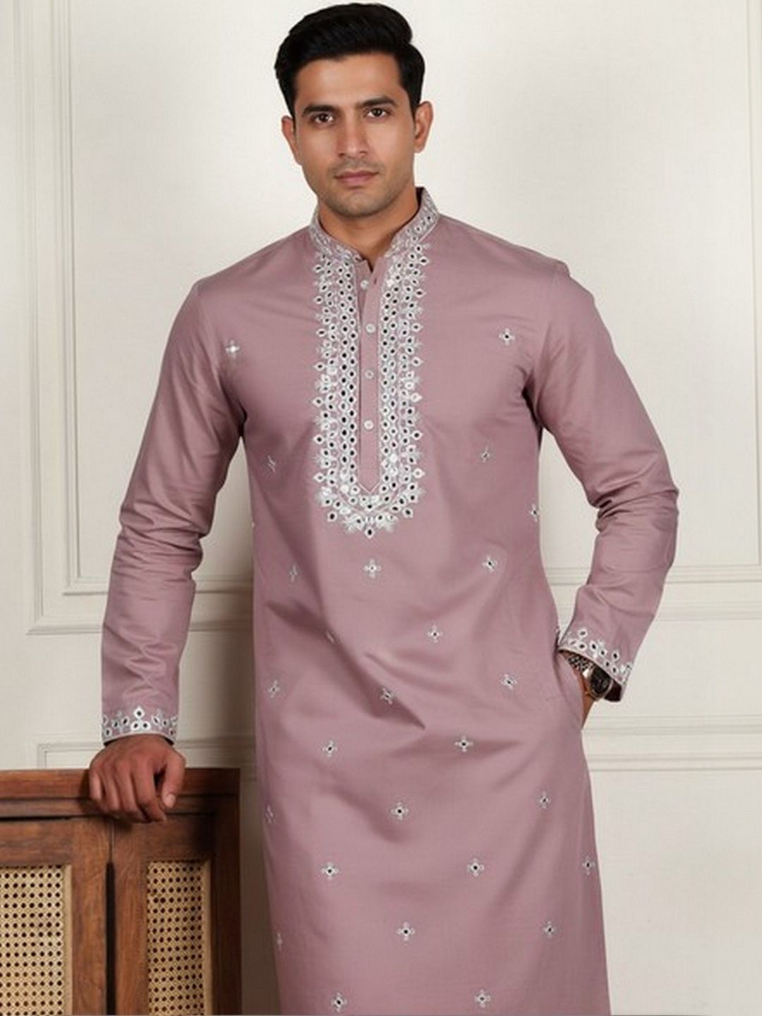 HERE&NOW Men Ethnic Motifs Embroidered Regular Mirror Work Pure Cotton Kurta with Pyjamas-picture-42