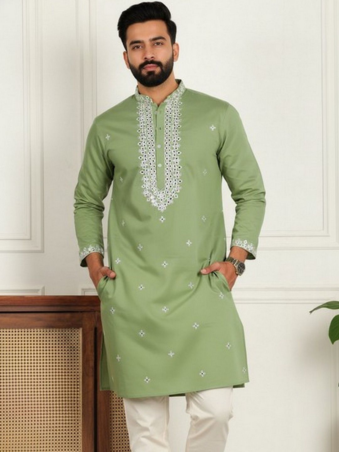 HERE&NOW Men Ethnic Motifs Embroidered Regular Mirror Work Pure Cotton Kurta with Pyjamas-picture-34