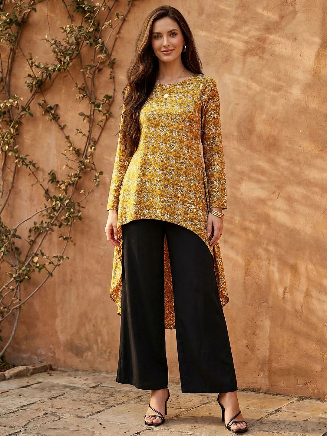 Berrylush Women Stylish Mustard Floral Asymmetrical Top