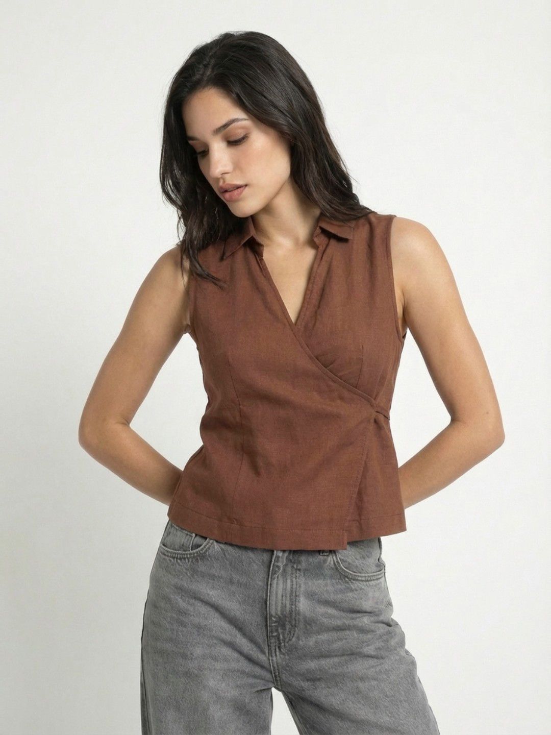 glitchez Shirt Collar Tie-Up Cotton Linen Wrap Top-picture-34