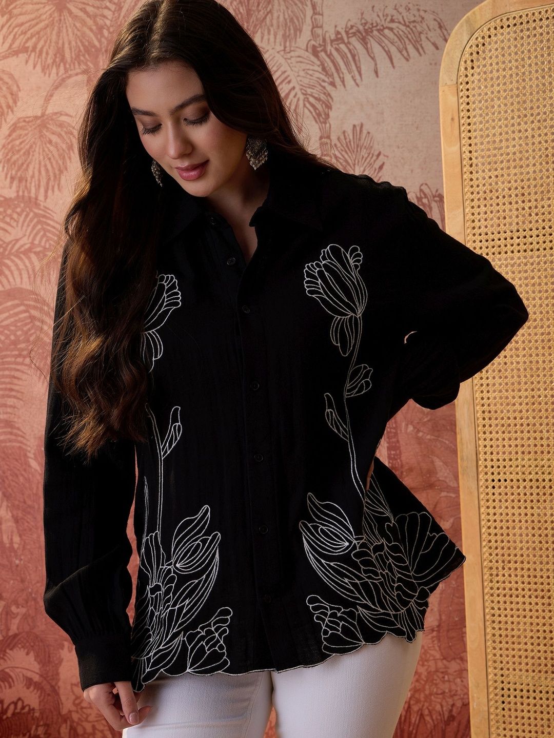 Sangria Embroidered Cotton Shirt Collar Shirt Style Top-picture-59