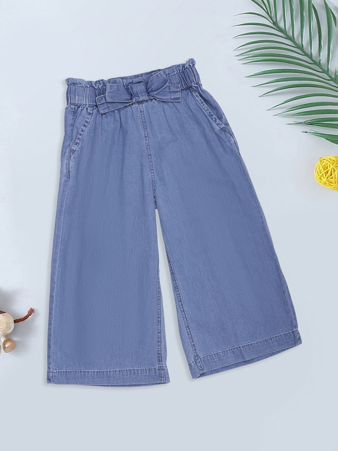 Pantaloons Junior Blue Paperbag Waist Washed Denim Culottes Jeans-image-2
