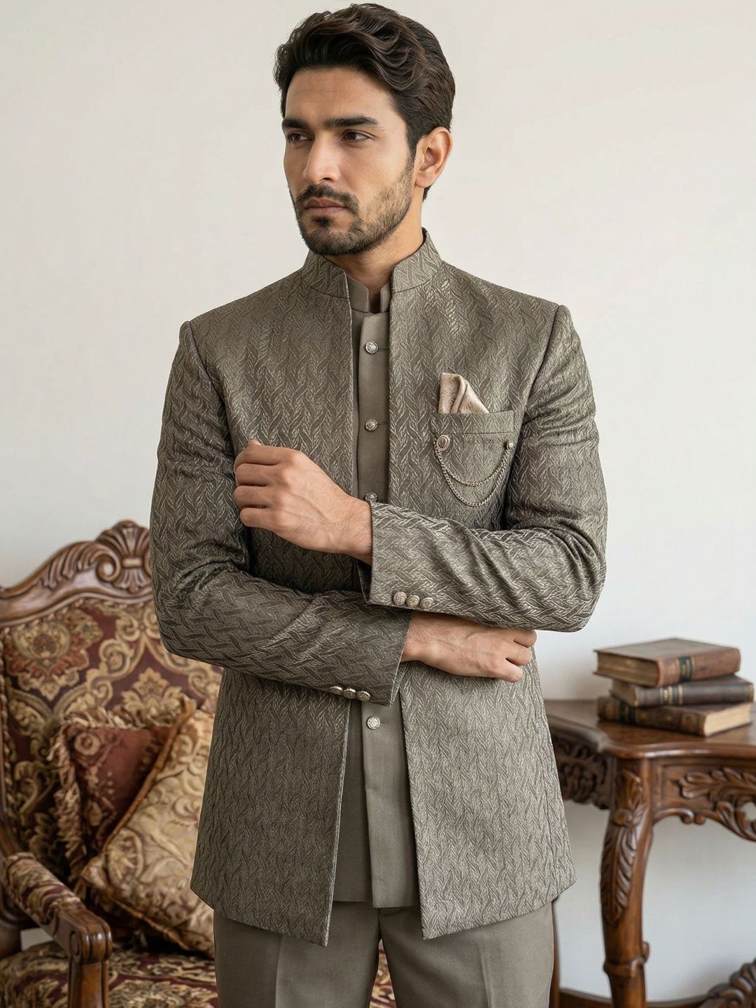 Jompers Textured Mandarin Collar Sherwani-picture-30