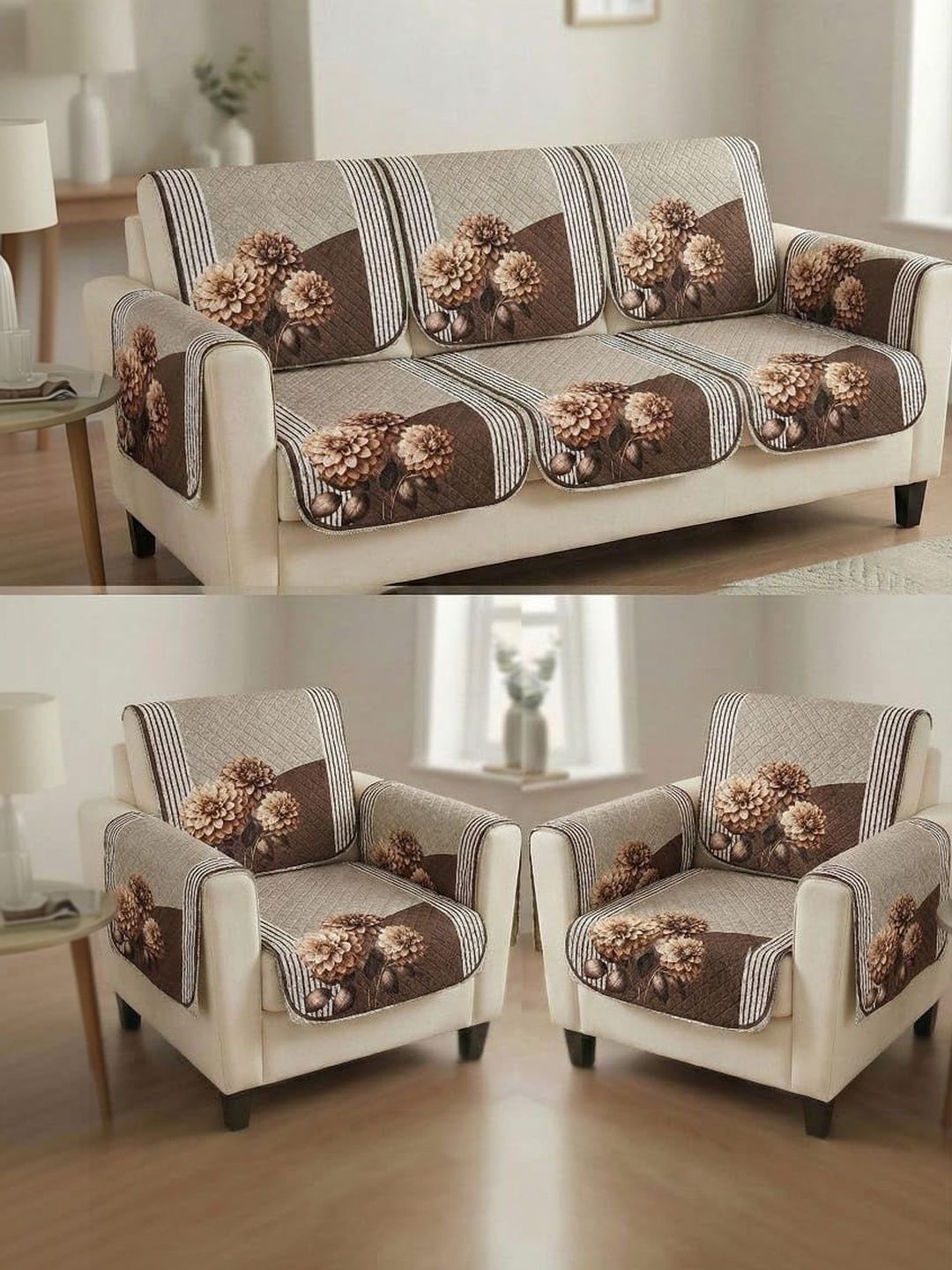 RAINBOW FURNISHINGS Cream-Coloured Floral Polyester Blend Sofa Cover With Arms-image-38
