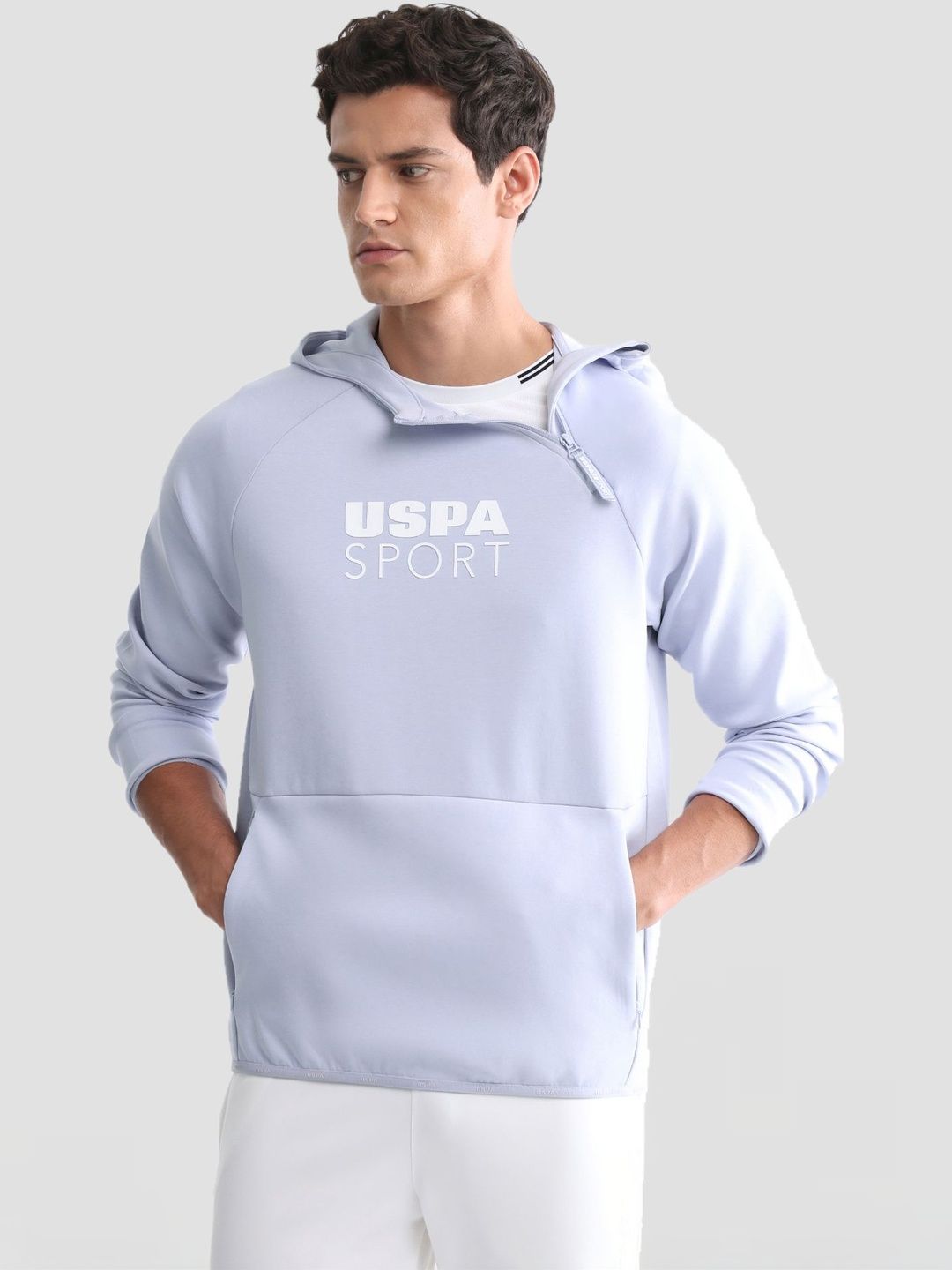 uspa sport USPA SportSolid Regular Fit Asymmetric Zip Neck Hooded Sweatshirt-picture-38