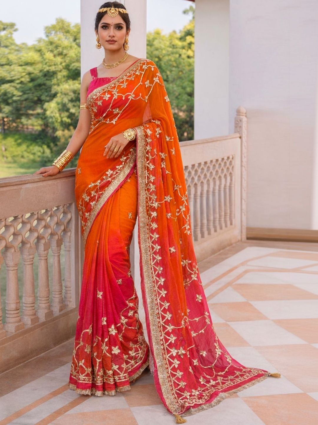 Geroo Luxe Pink Orange Shaded Chiffon Gota Patti Jaal Work Sarees-picture-31