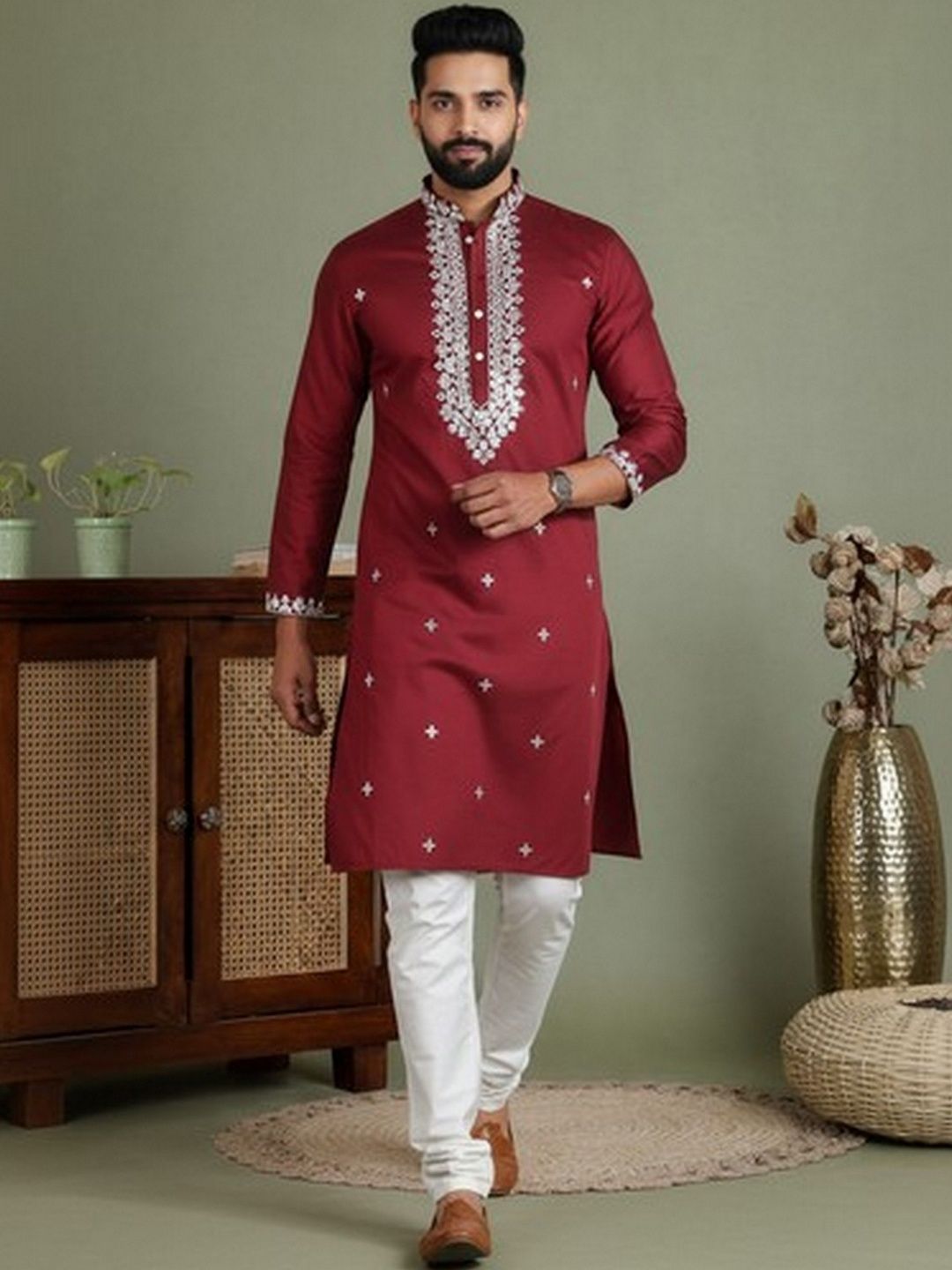 HERE&NOW Men Ethnic Motifs Embroidered Regular Thread Work Pure Cotton Kurta with Churidar-picture-17