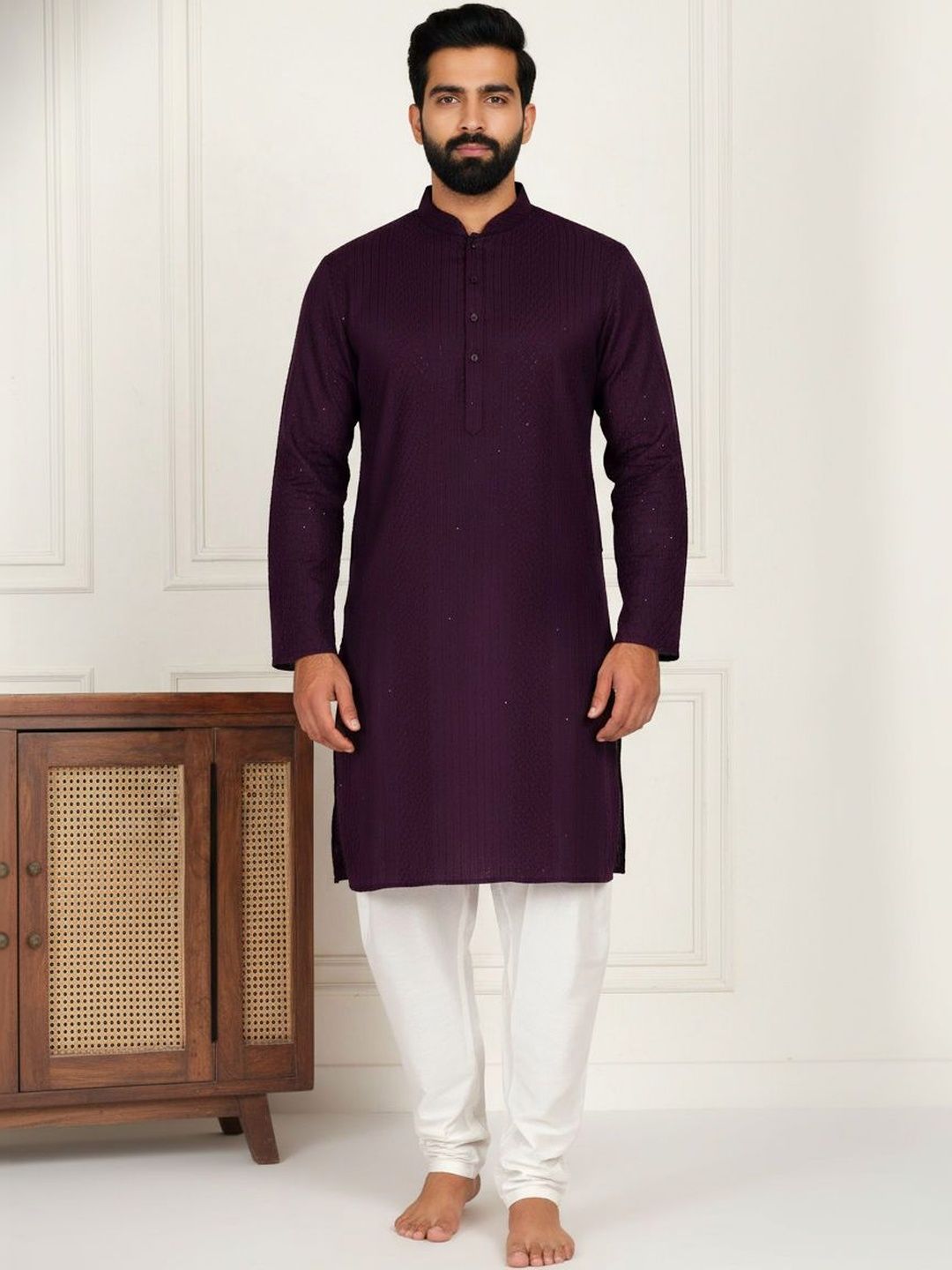 HERE&NOW Men Long Sleeves Mandarin Collar Sequins Kurta-picture-41