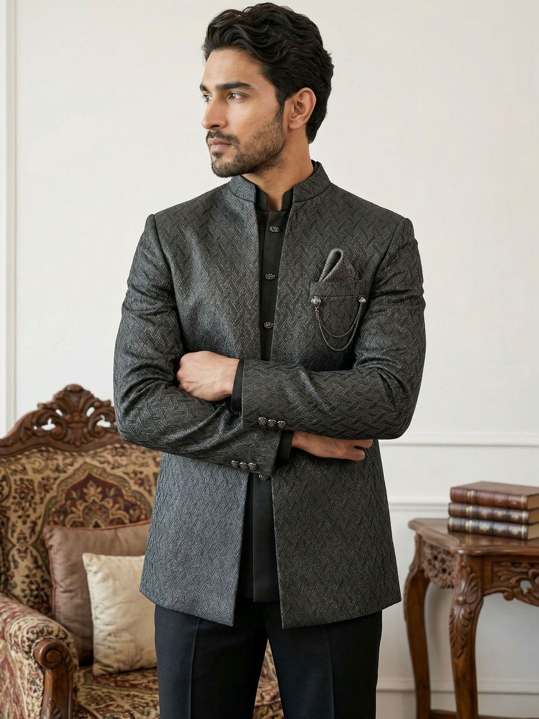 Jompers Textured Mandarin Collar Sherwani-picture-45