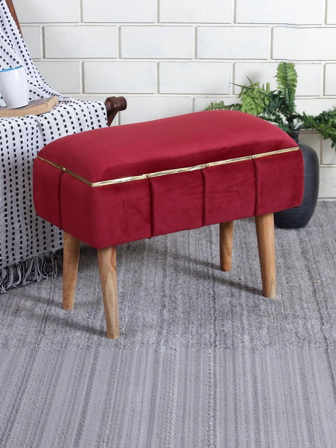 Shadowkart Maroon Square Wooden Ottomans-image-2