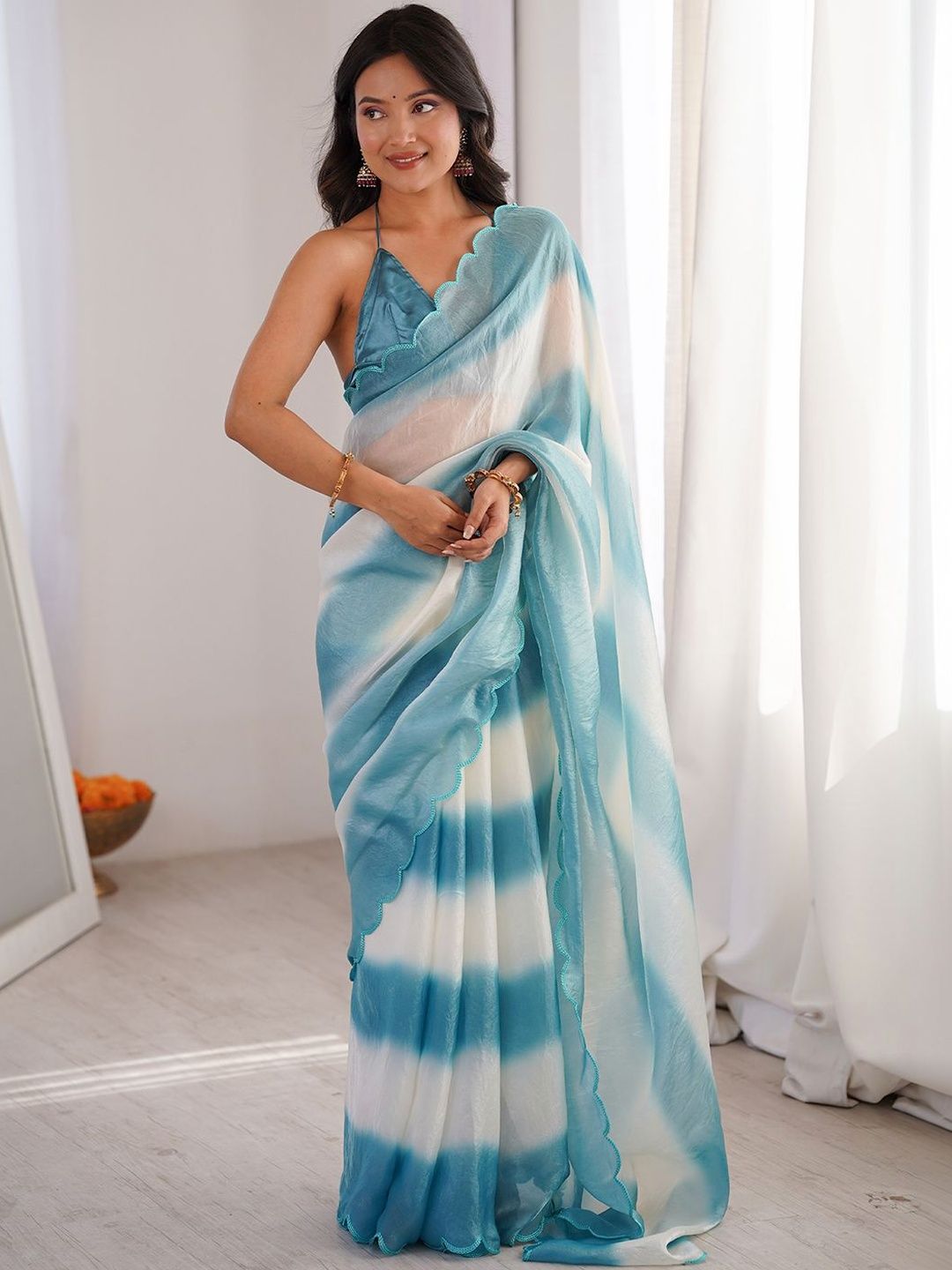 Anouk Light Blue Satin Ethnic Solid Party Wear Matching Blouse Sarees-picture-17