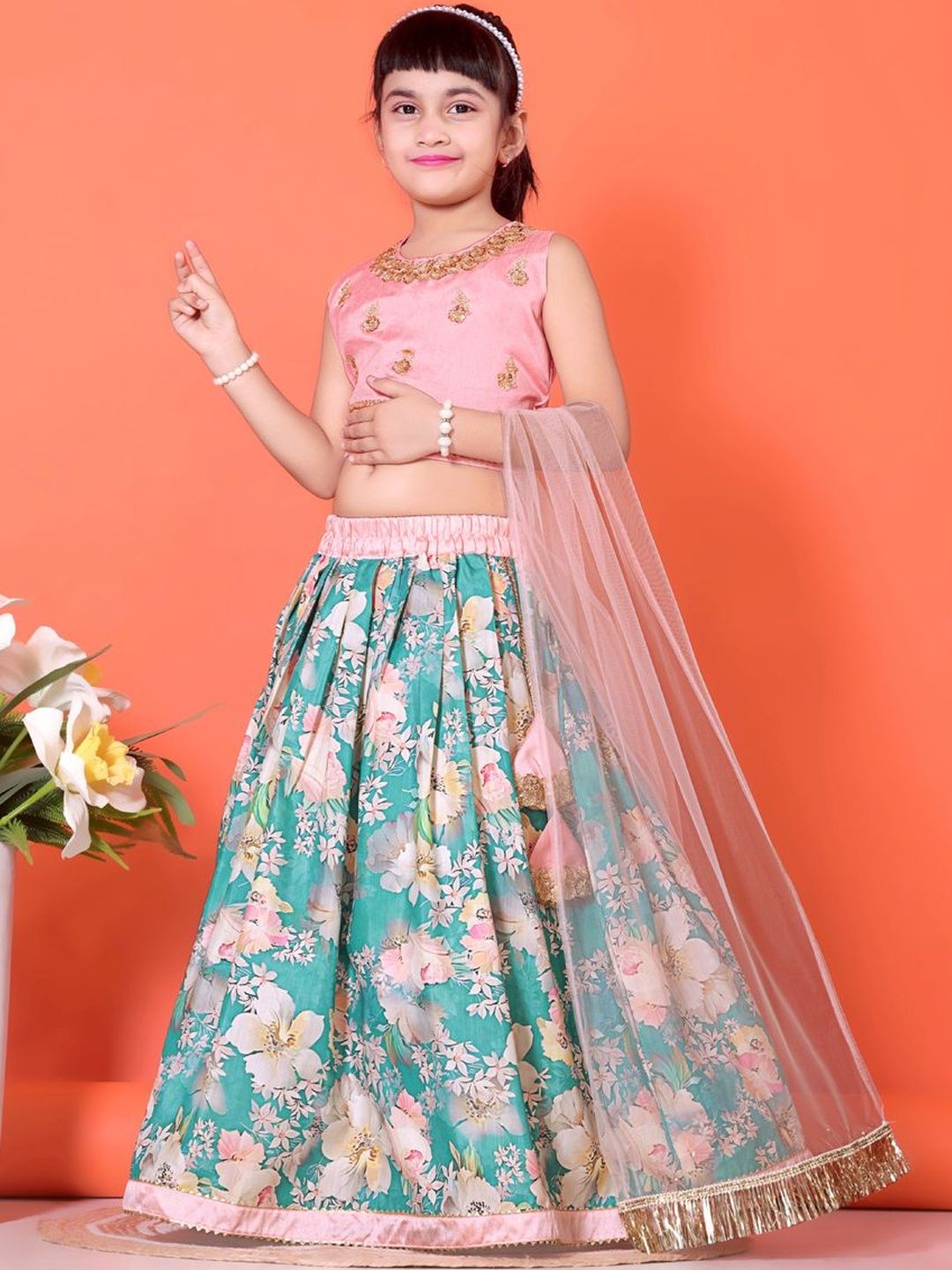 KALINI Girls Embroidered Block Print Ready to Wear Lehenga & Blouse With Dupatta-image-33