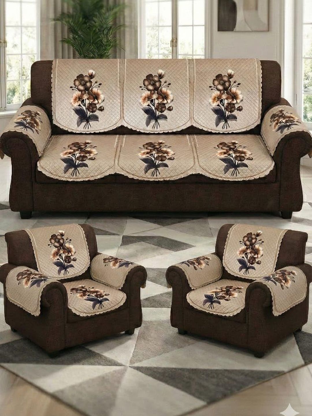 RAINBOW FURNISHINGS Cream-Coloured Floral Polyester Blend Sofa Cover With Arms-image-31