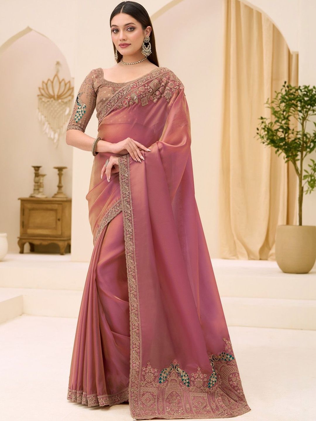 Mitera Rose Gold Satin Ethnic Embellished Festive Wear Matching Blouse Sarees-picture-29
