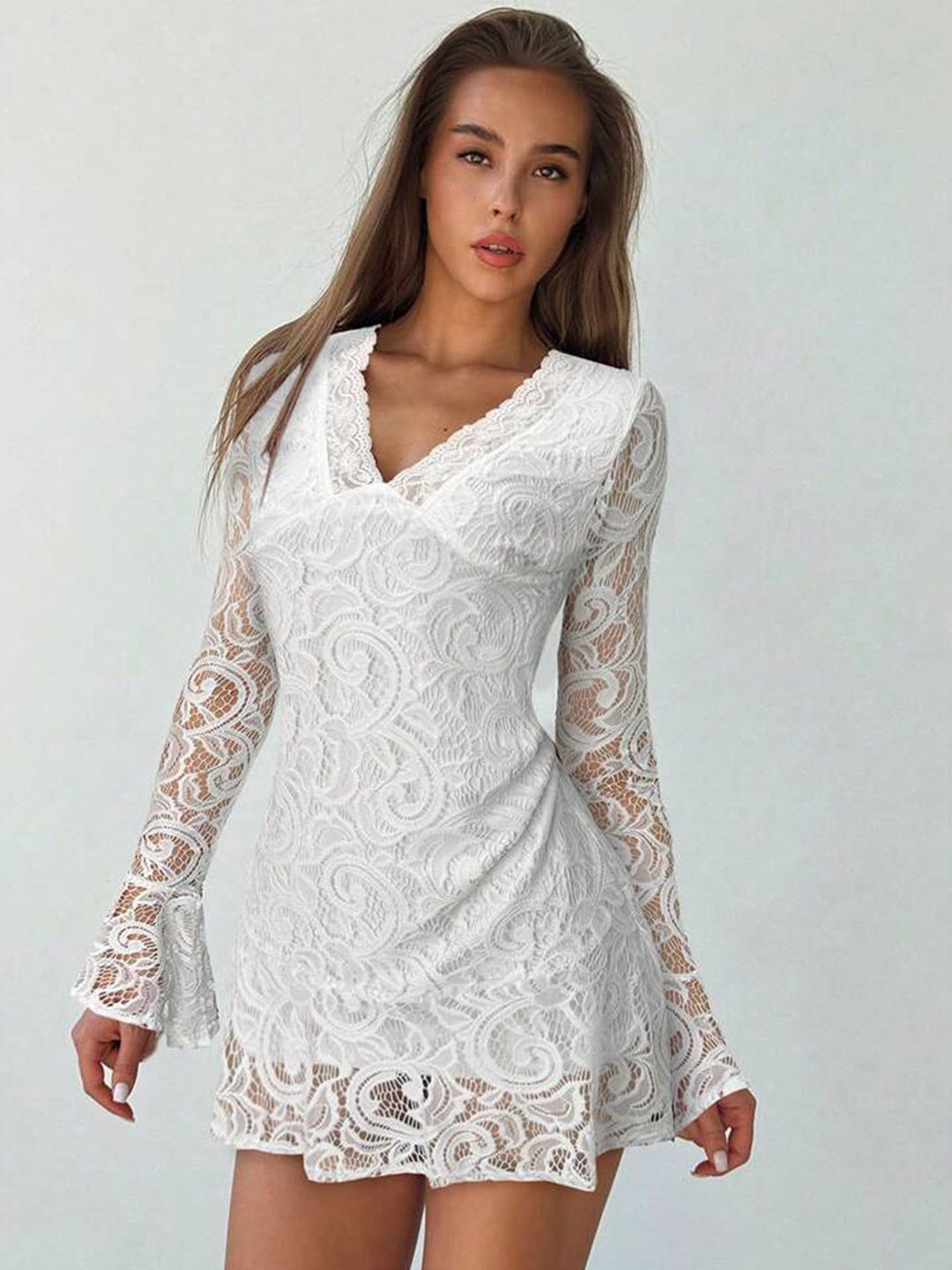 LULU & SKY White Abstract Self Design Long Sleeve Dress-image-27