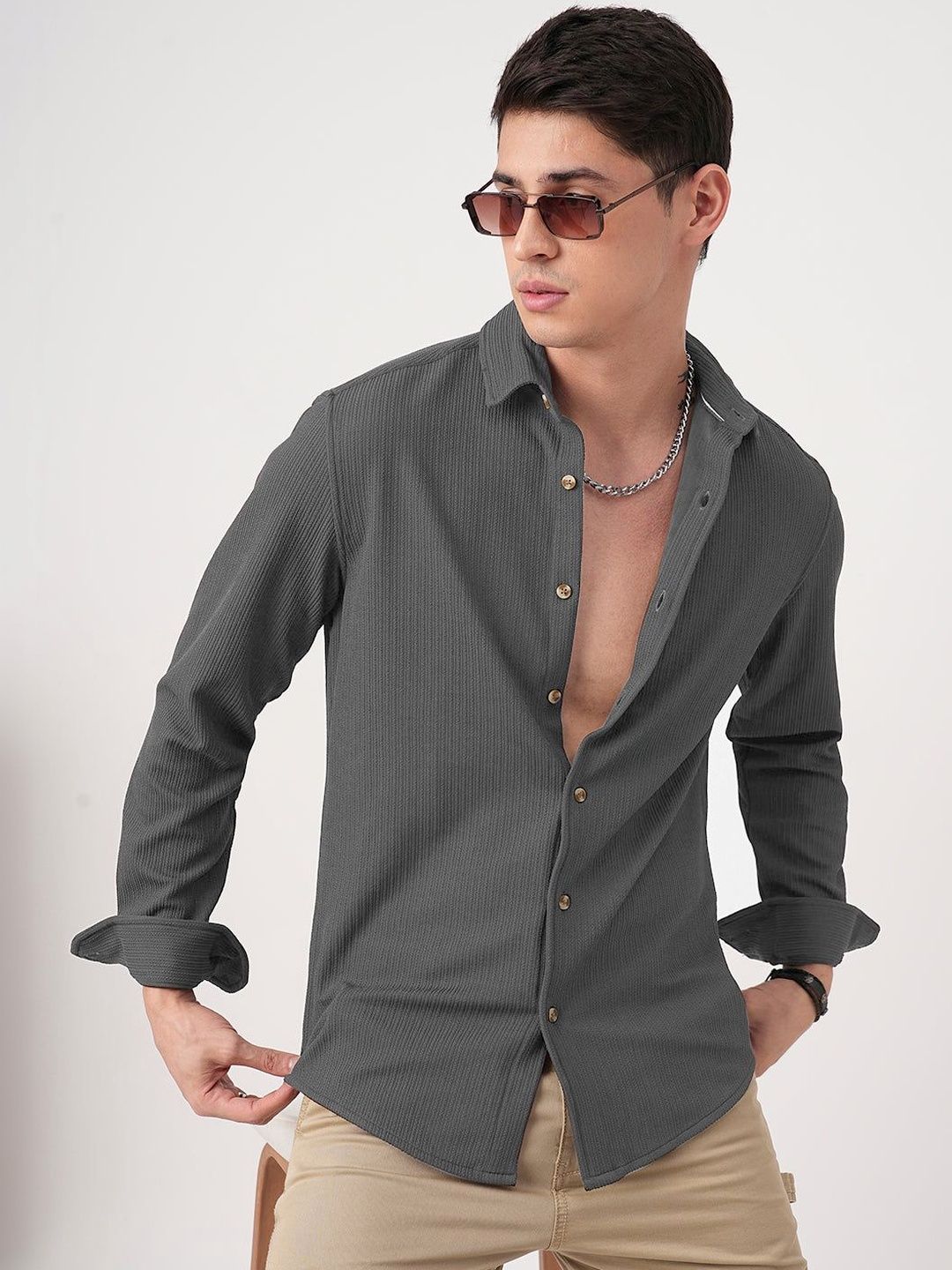 INDICLUB Relaxed Textured Spread Collar Casual Shirt-picture-17