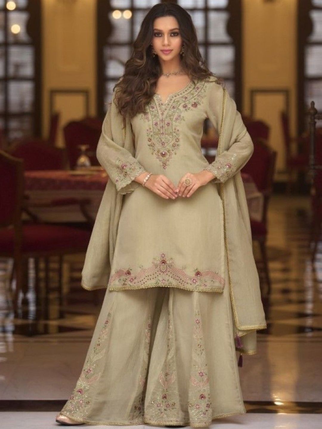 AUTUMN LANE Women Ethnic Motifs Embroidered Regular Thread Work Kurta with Sharara & With Dupatta-picture-15
