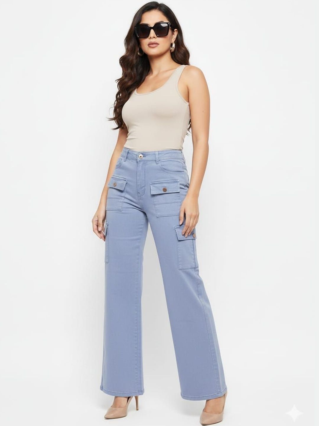 HIGH BUY Women Wide Leg High-Rise Stretchable Jeans