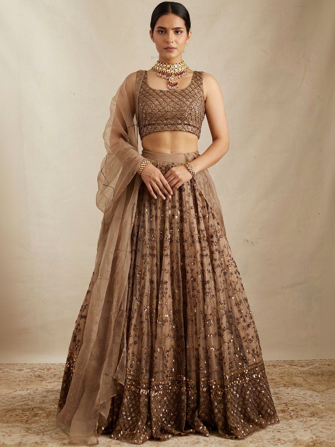 House of Pataudi Embroidered Net Round Neck Flared Lehenga Choli-image-15